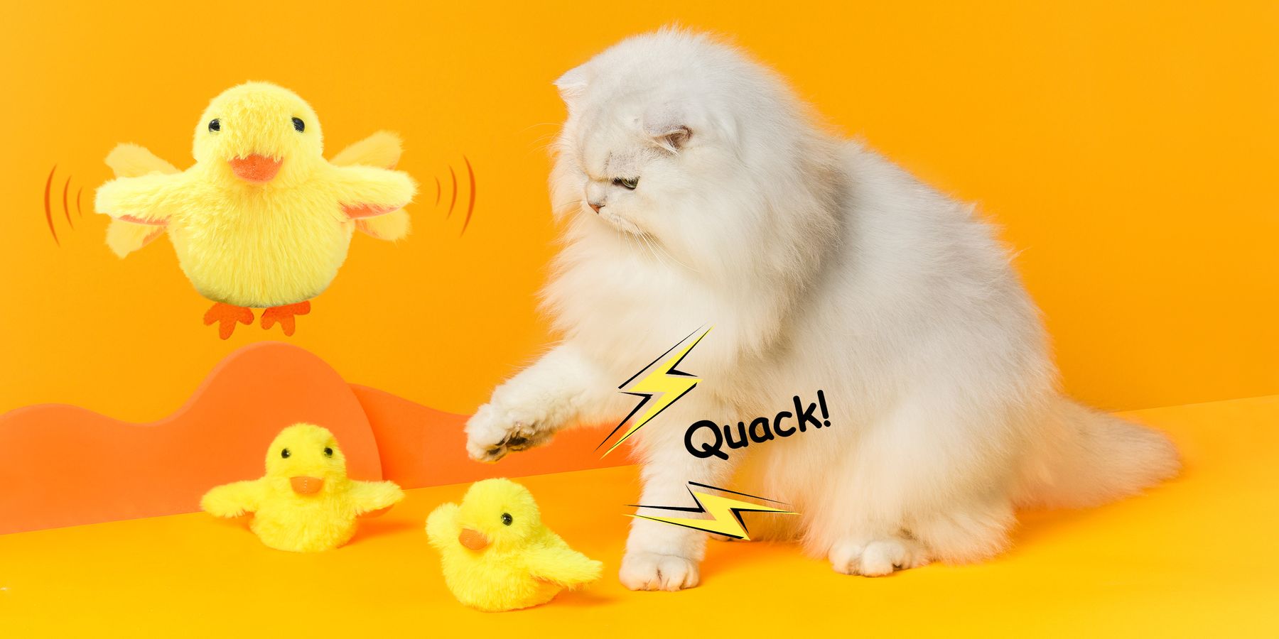 Petgravity brand banner — white cat pouncing on flapping duck toys, Quack!